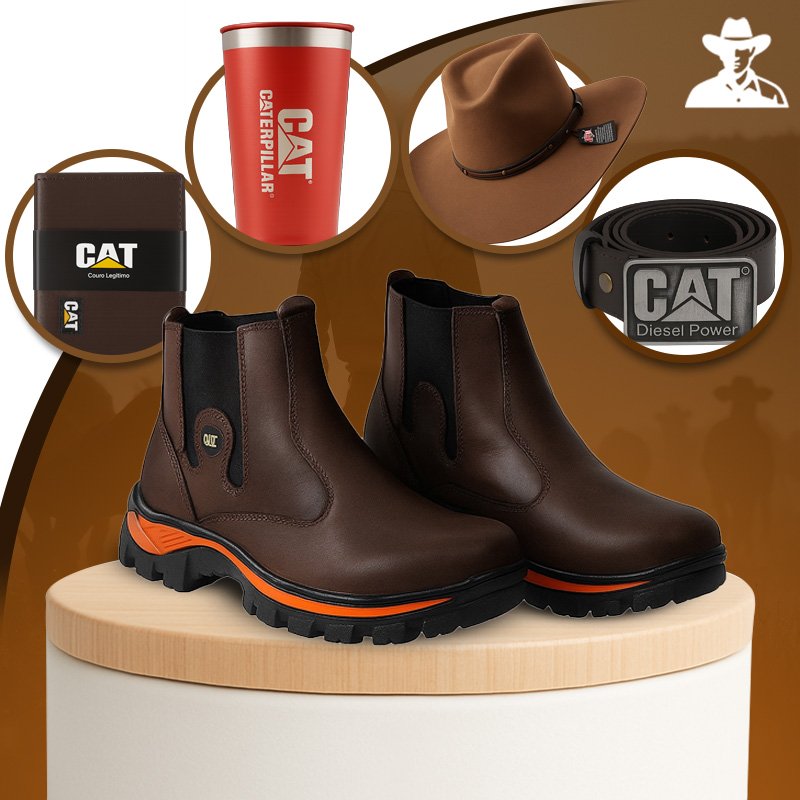 Kit Bota Masculina Adventure em Couro Legítimo e Palmilha Ortopédica +BRINDES: Chapéu, Cinto, Carteira e Copo
